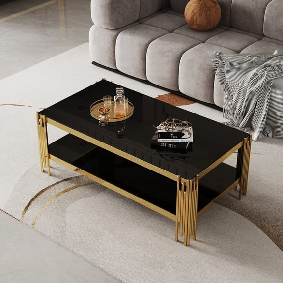 Top and Bottom Double Layer Glass Coffee Table with Luxury Design & Storage|Stainless Steel Frame