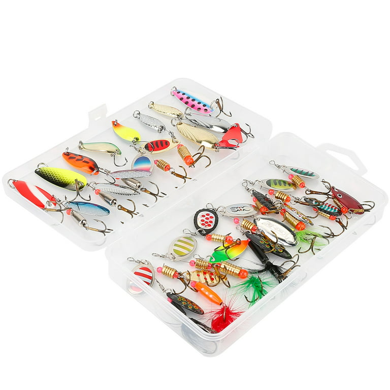 LakeForest 30Pcs Fishing Lures Kit Metal Spoon Lures Hard Spinner Baits  With Single Triple Hook for Trout Bass Salmon with Free Tackle Box 