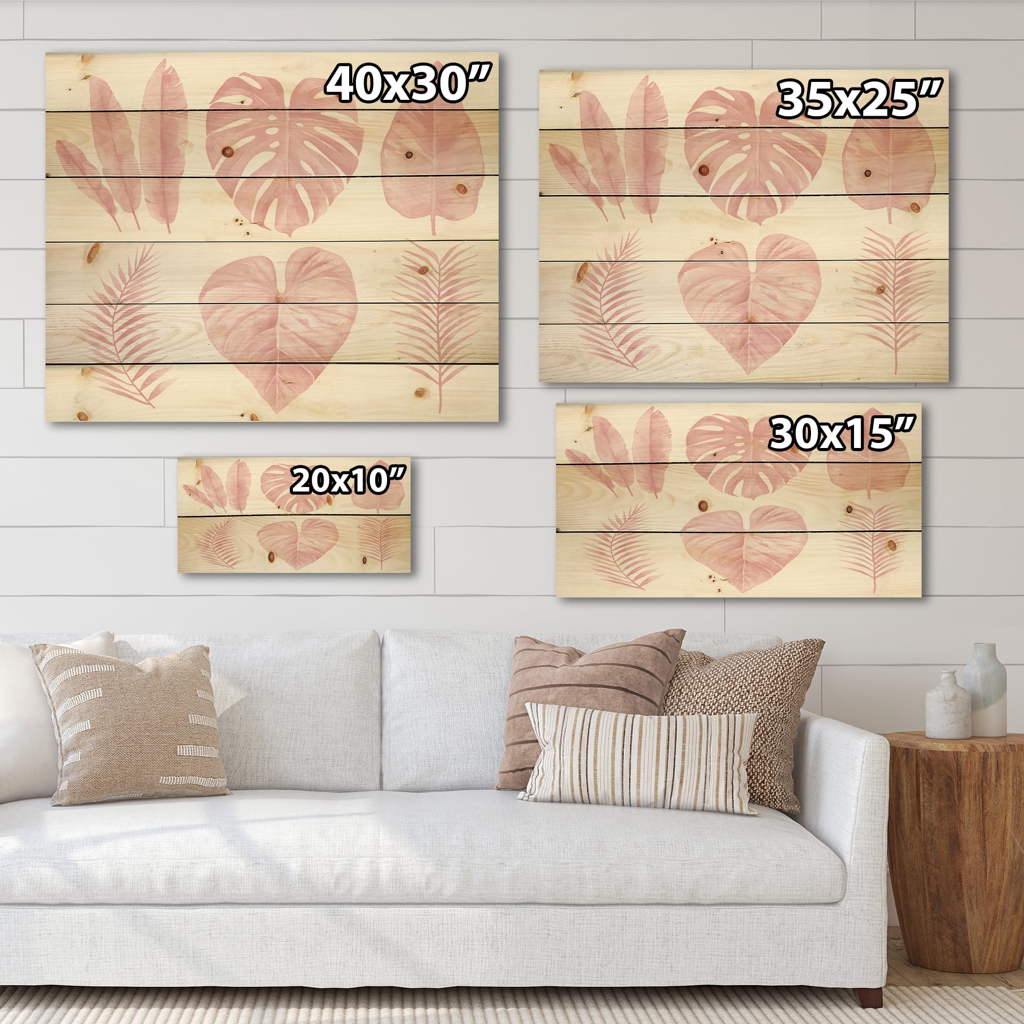 Designart 'Tropical Pink Watercolour Leaves On White I' Shabby Chic Print on Natural Pine Wood