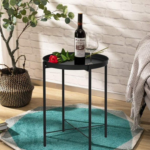 Buro Mesa de Centro Blanca con Bandeja Mesa Auxiliar de Metal,Negro FurnitureR Moderno