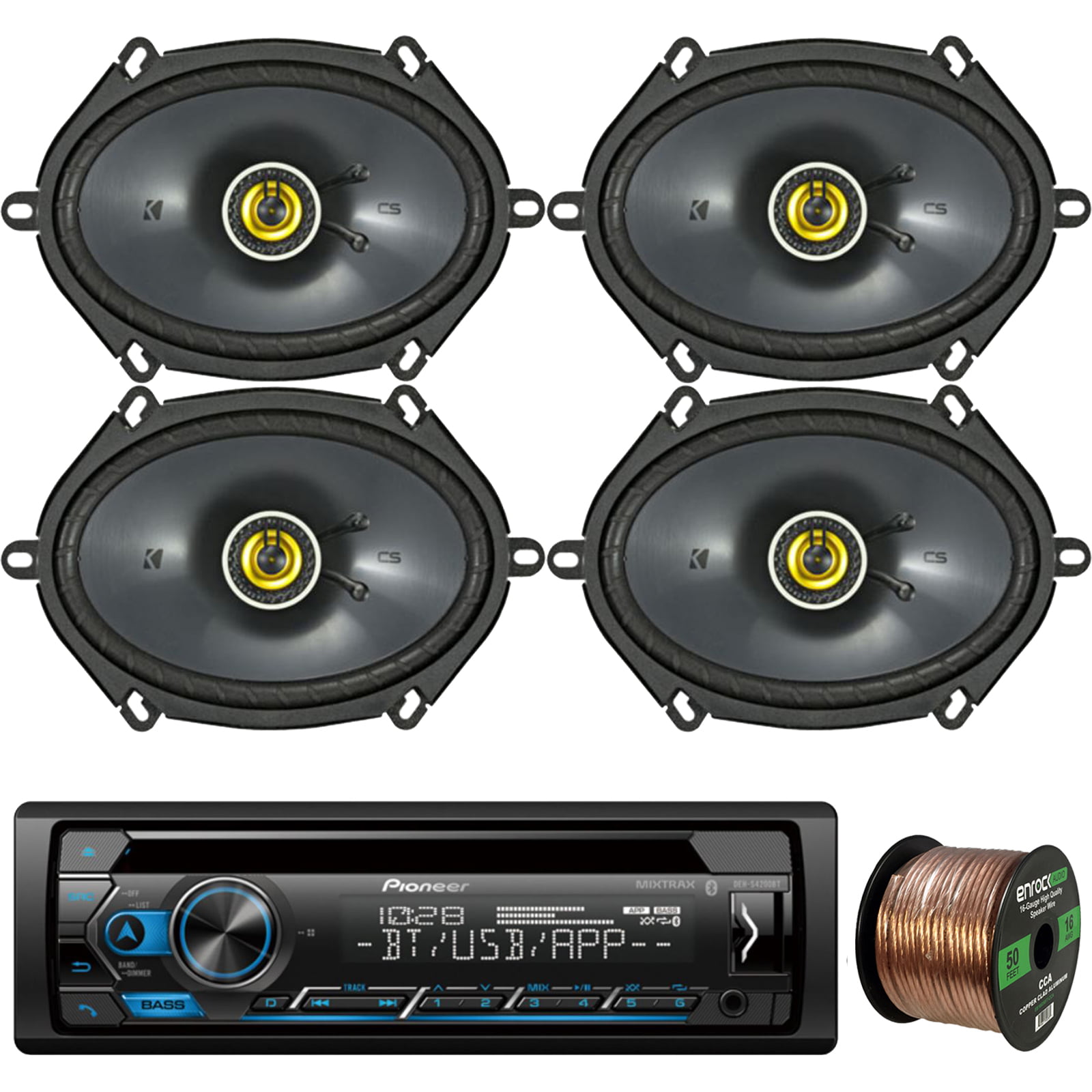Pioneer DEH-S4200BT In-Dash Single-DIN CD Player Bluetooth Receiver, 4 x  Kicker 46CSC684 225W 6x8 CS Series 2-Way Car Coaxial Speakers, 16-Gauge  50Ft. Speaker Wire 