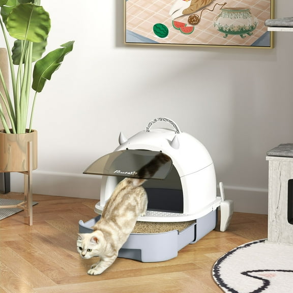 PawHut Cat Litter Box with Lid, Covered Kitty Litter Box with Scoop, Carbon Filter for Odor Control, Privacy, Easy to Clean, Gray