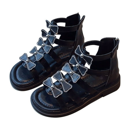 

YTIANH Sandals For Girls 2023 Summer New Girls Solid Color Fashion Retro Open Toe Zipper Sandals Black 27