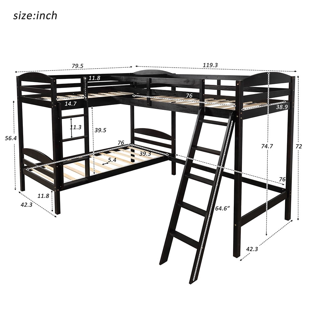 Twin Bunk Beds L-Shaped Bunk Bed and Loft Bed with Ladder and Guard for Teens Bedroom, Espresso