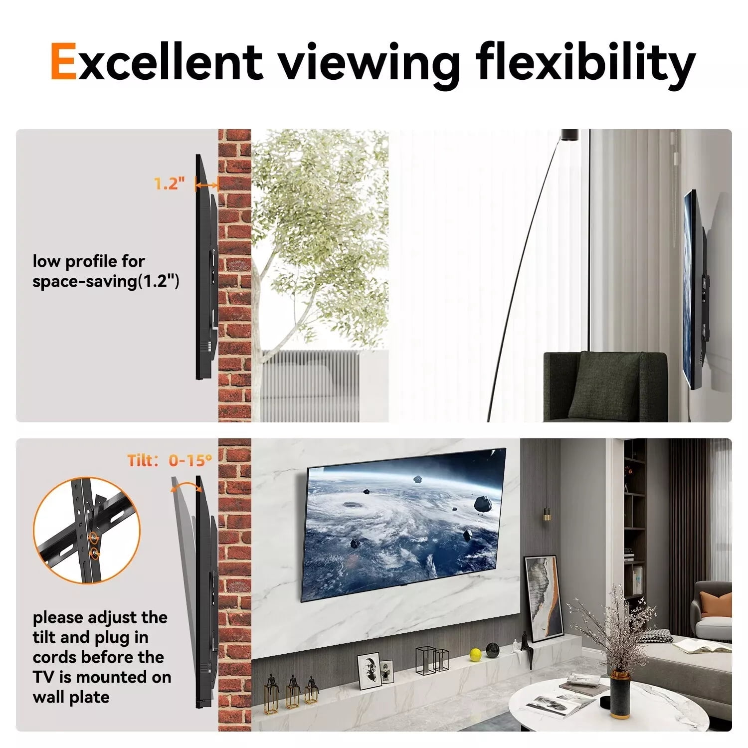 Tilting TV Wall Mount for 32"-70" TVs, 15° Tilt, Supports up to 165lbs, Compatible with VESA Mounts, Low Profile, Easy Install