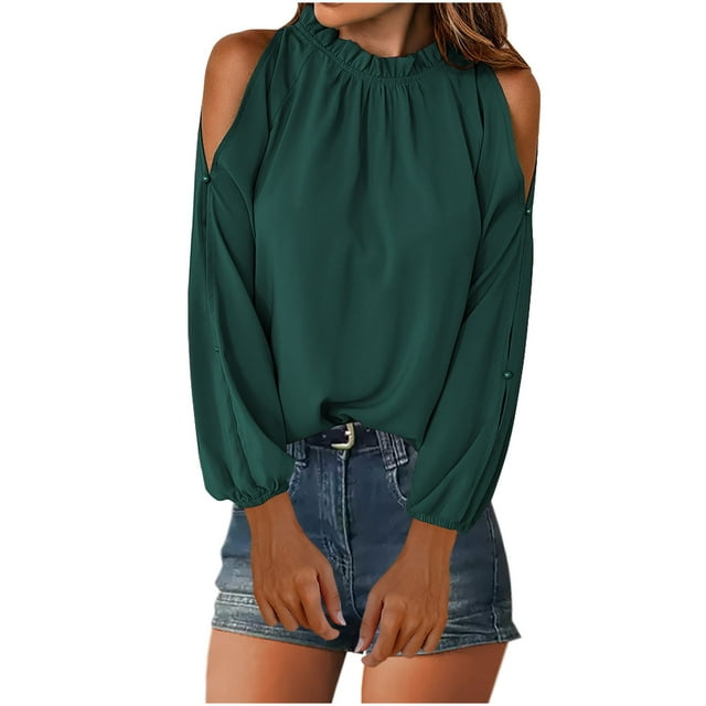 aidice Tops for Women Casual Round Neck Ruffle Long Sleeve Ruched Cold Shoulder Solid Color Blouses Tops