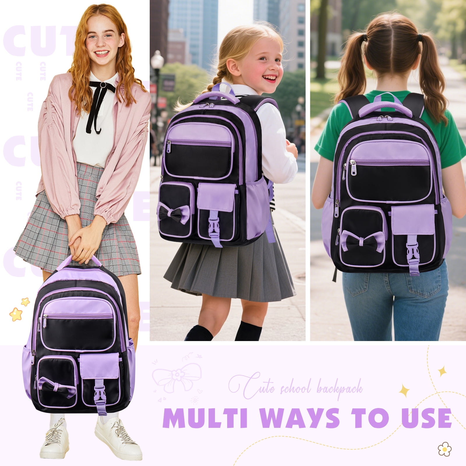 DAKIMOE School Backpack for Teens Cute Girlish Middle High School Bookbag Large Capacity Lightweight Waterproof Daypack for College Students, Black and Purple