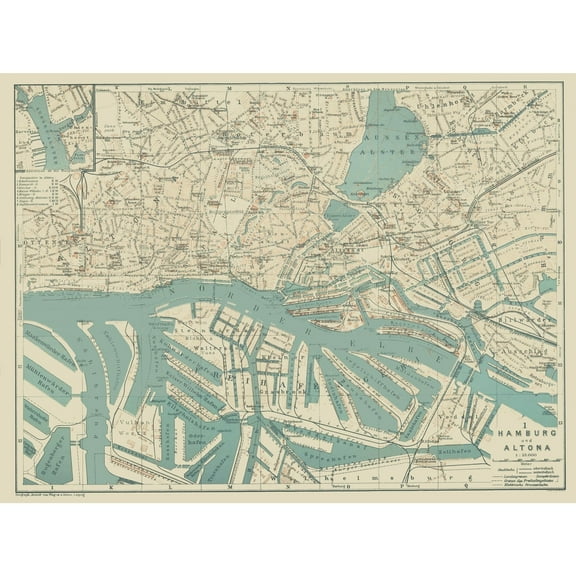 Historic Map - Hamburg Altona Germany - Baedeker 1914 - Vintage Wall Art