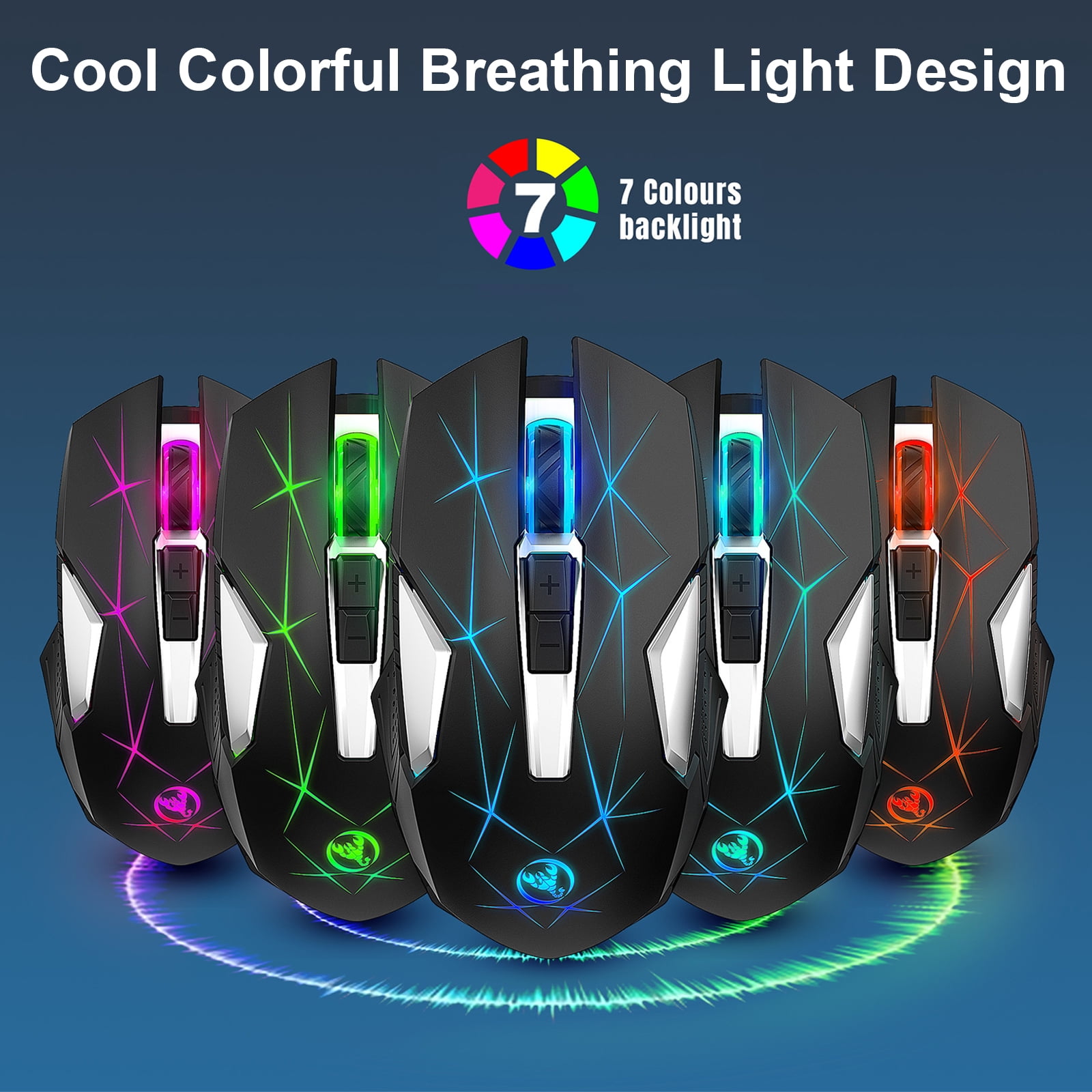 Wireless Gaming Mouse for Laptop, Rechargeable USB 2.4G PC Gaming Mouse with 5 Adjustable DPI, 7 Colors LED Lights, 6 Silent Buttons, Ergonomic Optical Mouse for Computer, Laptop, Desktop, Mac, PC