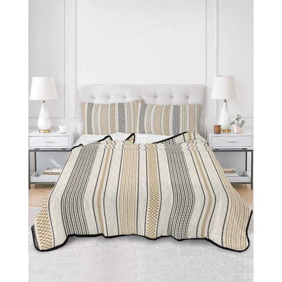 Quilts Queen Size, Farmhouse Stripe Soft Comforter Bedding Set for Bed, Boho Country Vintage Grey Brown Striped Lightweight Quilted Bedspread with Pillow Cover(2 Pieces) for All Season, 90x96 Inch
