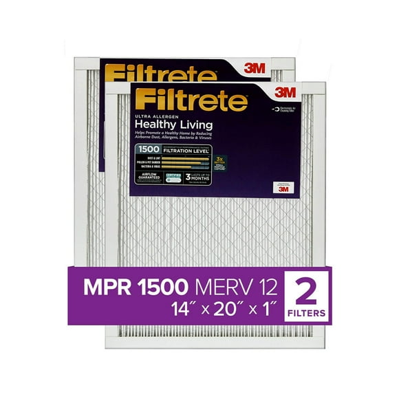 Filtrete 14x20x1, Filtre à Air pour Fourneau AC, MPR 1500, Vie Saine Ultra Allergène, Lot de 2 (dimensions Exactes 13.81 x 19.81 x 0.78)