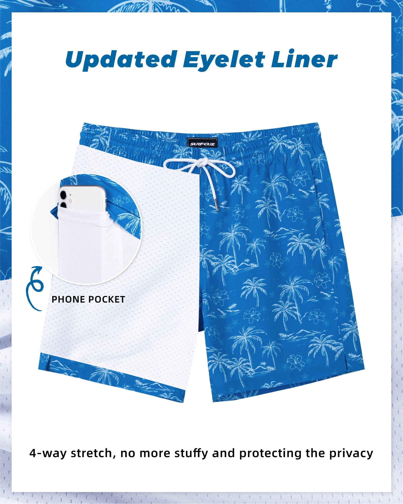 SURF CUZ Mens Swim Trunks with Compression Liner Quick Dry Swim Shorts 7" Swimming Trunks Stretch Bathing Suit Boardshorts Zipper Pockets Blue Palm Island Small
