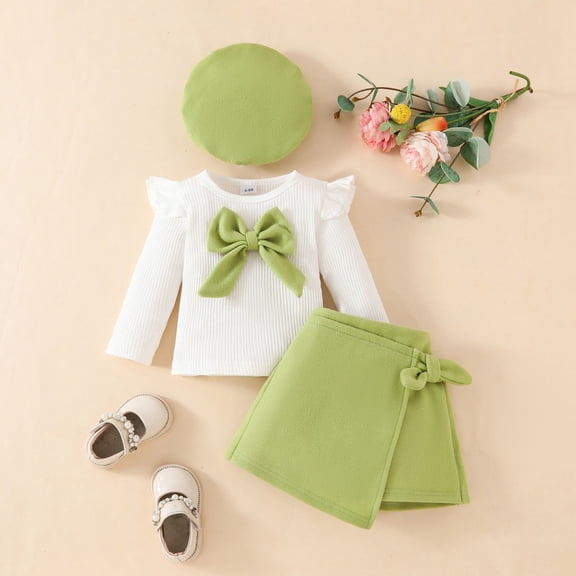 JMKQLZ Girls Long Sleeve Top Short Skirt and Beret 3pc Sets, Round Neck Ruffled Sleeve Shirts with Bow Inregular Warm Skirt Beret Hat Kits for Fall and Winter