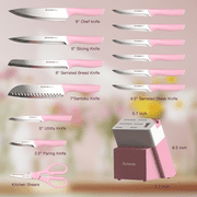 Astercook Knife Set, 14 Pieces Kitchen Knives Set with Block & Built-in Sharpener, German Stainless Steel Knives with Ergonomic Handles, Sharp & Rust Resistant Dishwasher Safe Pink