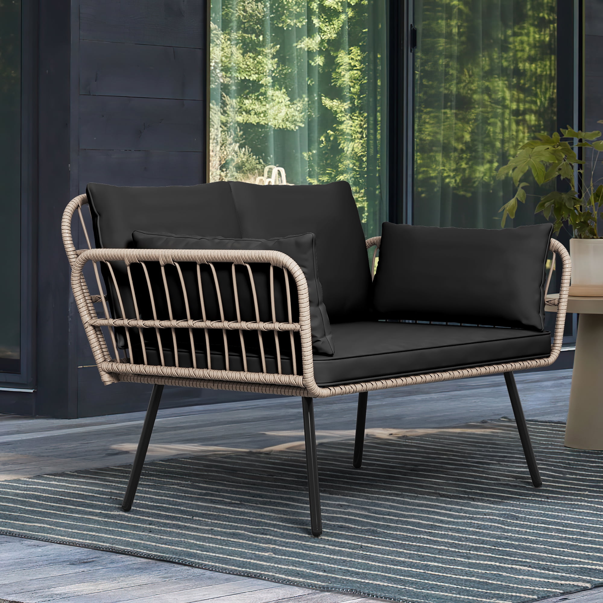 DEXTRUS Patio Loveseat Sofa, All-Weather Wicker Rattan 2 Seater Sofa with Black Cushions & Lumbar Pillows, Outdoor Patio Furniture Set