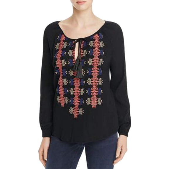 4Our Dreamers Black Boho Crinkled Peasant Top Blouse Black Multi XL