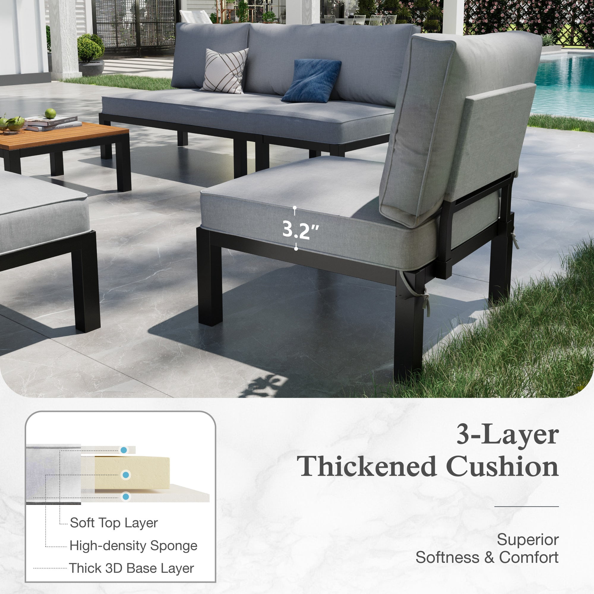 Sophia & William 6 Pieces Outdoor Patio Furniture Sectional Sofa Set Metal Conversation Set with Coffee Table & Cushioned Chairs, Light Grey