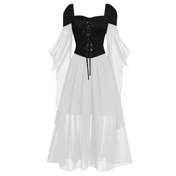 Womens Halloween Costumes 2024 Cosplay Gothic Dresses Women Casual Plus Size Cold Shoulder Dress Solid Color Lace Butterfly Sleeve Halloween Gothic Dress