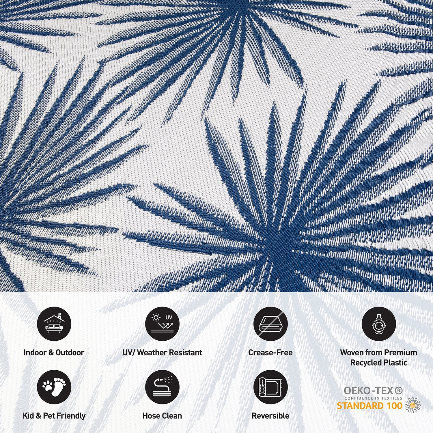 World Rug Gallery Floral Tropical Reversible Recycled Plastic Outdoor Picnic Mat, Camping Rug, RV Rug - NAVY 5'x7'