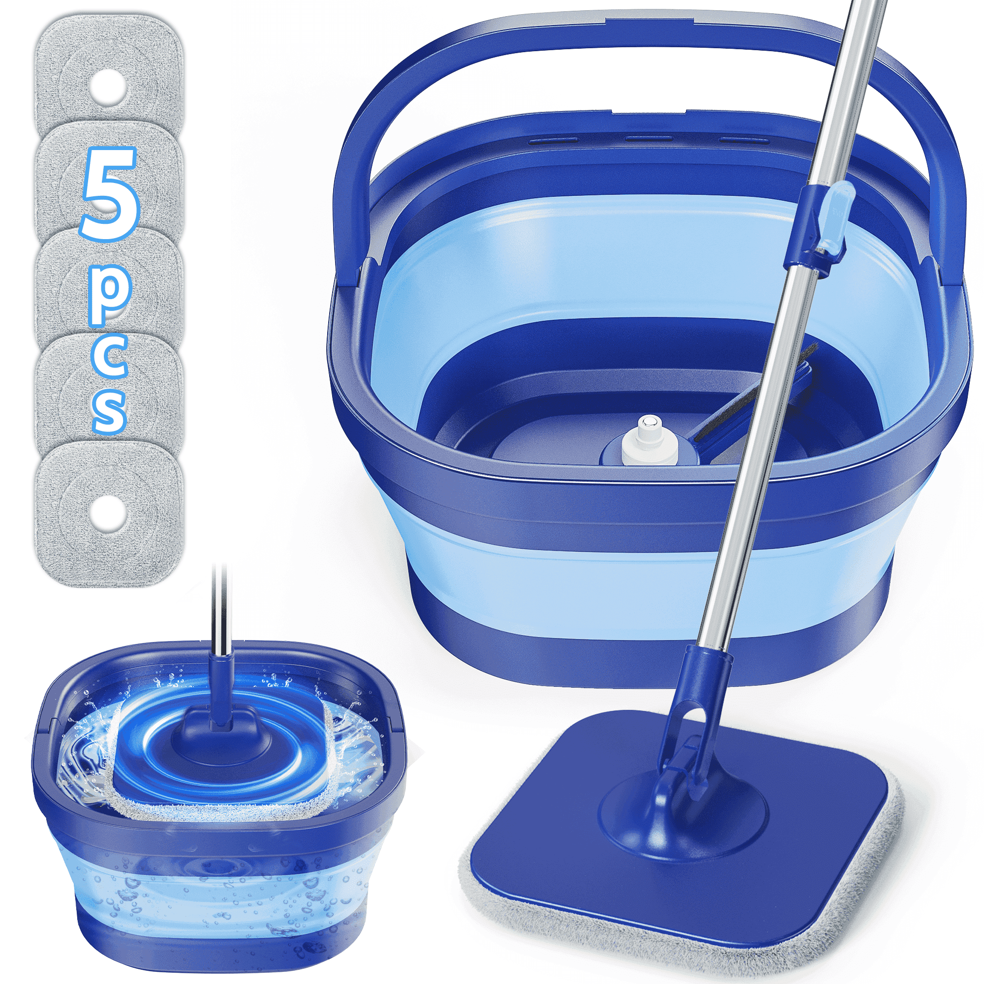 SUGARDAY Spin Mop and Bucket with Wringer Set for Floors, Collapsible Bucket with handle and Flat Wall mop with 5 Microfiber Pads