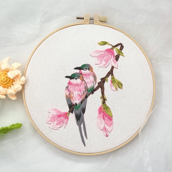 Embroidery Starter Kits Couple of Birds with Pattern and Instructions, Plastic Embroidery Hoops,Threader,Color Threads and Needles,Embroidery Kit for Beginners(IN24)