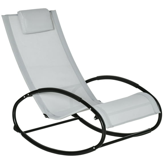 Outsunny Patio Rocking Chair, Outdoor Chaise Lounger with Headrest Pillow and Breathable Fabric for Backyard, Living Room, Deck and Poolside, Grey