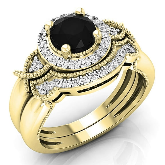 Dazzlingrock Collection 1.10 Carat (ctw) 10K Round Black & White Diamond Ladies Engagement Ring Set 1 CT, Yellow Gold, Size 9.5