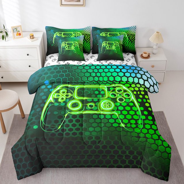 Erosebridal Neon Gamepad Bed in a Bag Queen size, Honeycomb Geometric Bedding Queen Size, Modern Video Game Reversible Comforter Sets with Sheets, Lightweight Room Decoration, 7pcs