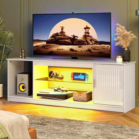Bestier High Glossy TV Stand for 65 inch TVs with LED Lights, Fluted Entertainment Center with Storage Cabinet & Shelves,TV Console Table for PS5,White