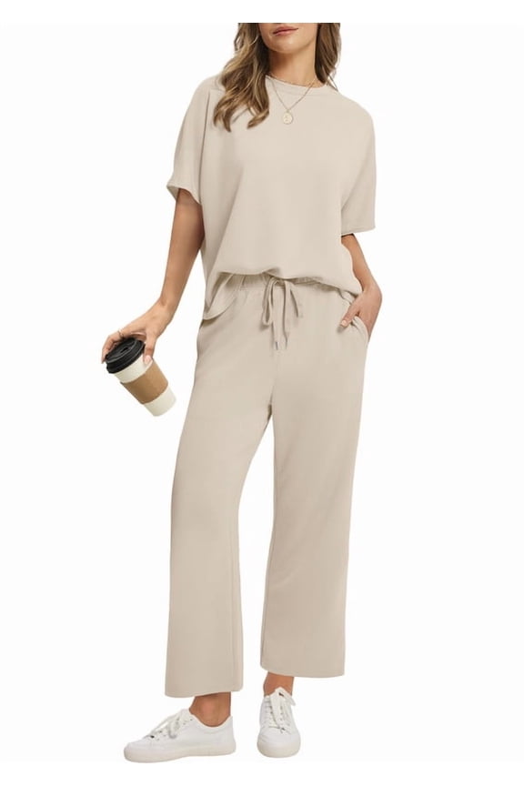 Two Piece Sets for Women Summer Outfits Oversized Wide Leg Crop Pants Lounge Sets Airport Beach Vacation Clothes