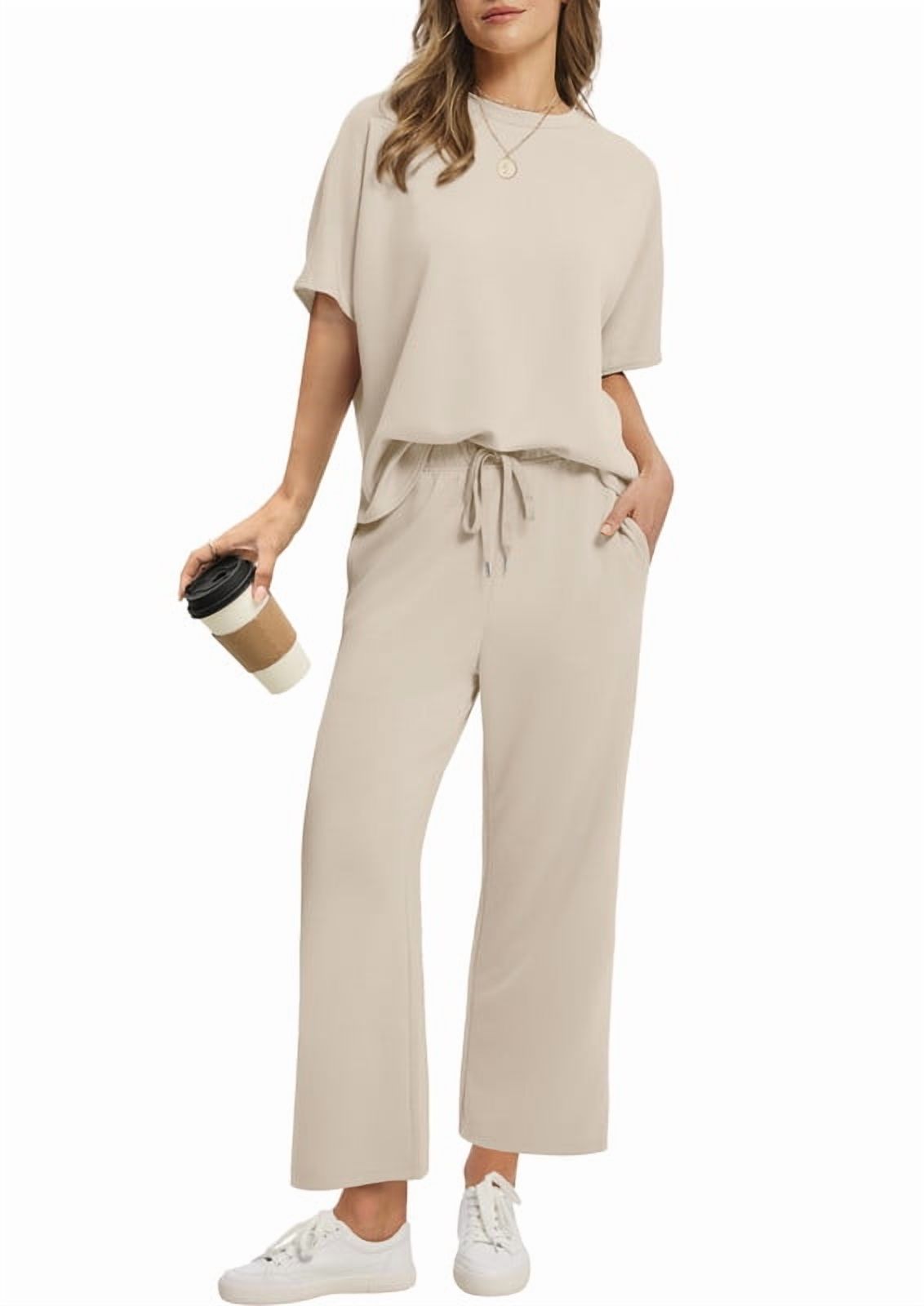Ronuti Two Piece Sets for Women Summer Outfits Oversized Wide Leg Crop Pants Lounge Sets Airport Beach Vacation Clothes