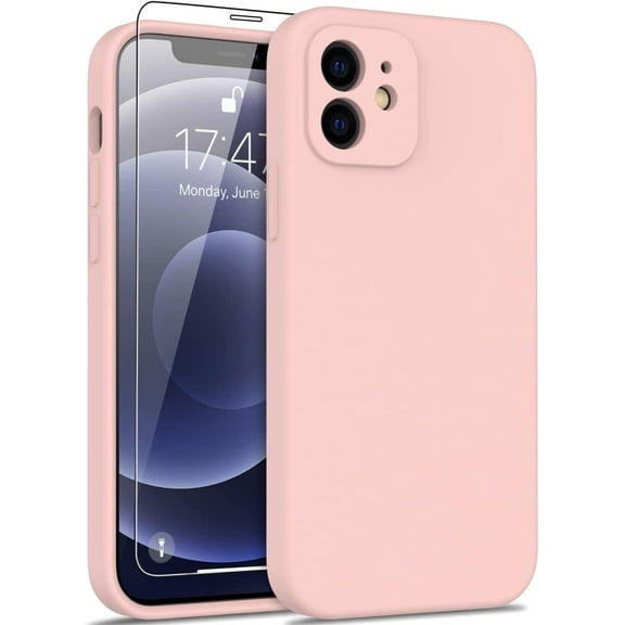 Compatible with iPhone 12 Case with Screen Protector,Enhance Camera Protection,Soft Flexible Silicone Gel Rubber Bumper Cover,Slim Fit Protective Phone Case 6.1" for Women Girls Baby Pink
