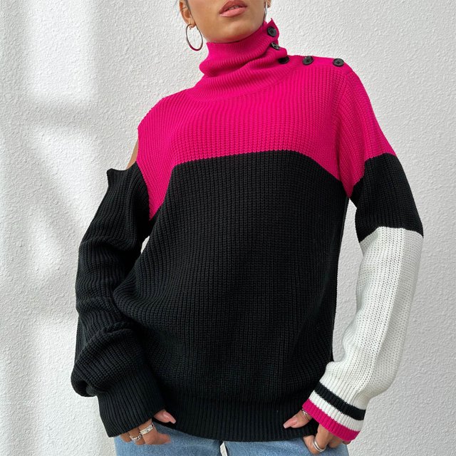 Suéter de cuello alto para mujer, suéter de punto informal de manga larga, suéter de color cuello alto, suéter de poliéster para mujer