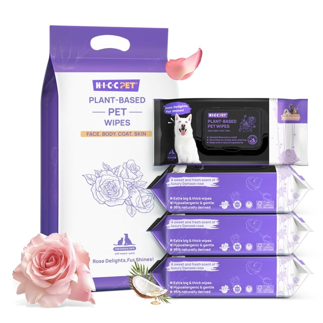 Toallitas para mascotas HICC PET de origen vegetal, 400 unidades, aroma a rosa