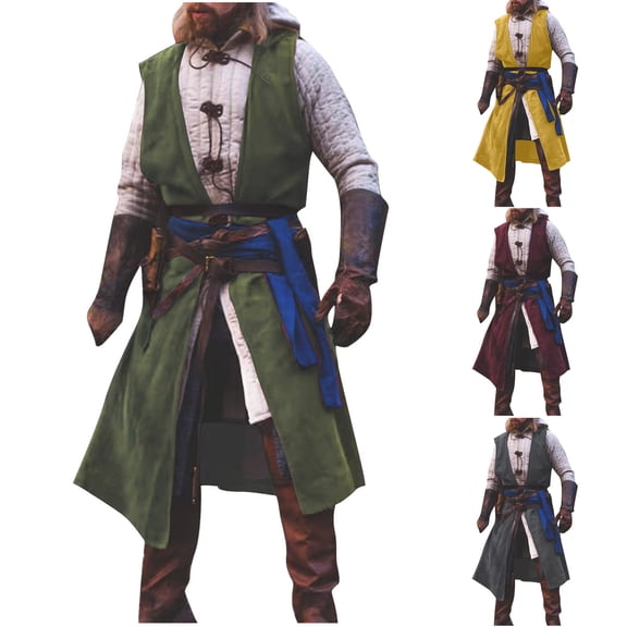 Medieval Costume Men Viking Cotton Linen Hooded Sleeveless Surcoat, Mens Renaissance Costume Big and Tall Sizes S-3XL Yellow