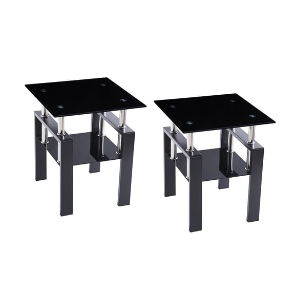 Sumdeal 2-Piece Black Glass Square End Table Set with Metal Legs, 17.71 x 17.71 x 20.47 in