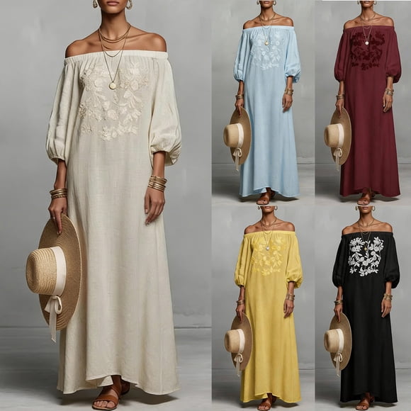 Sentmoon Off the Shoulder Dresses for Women Short Sleeve Off The Shoulder Prom Dress 2026 Summer Loose Fit Embroidery Breathable Fashion Modest Dresses for Women Black M