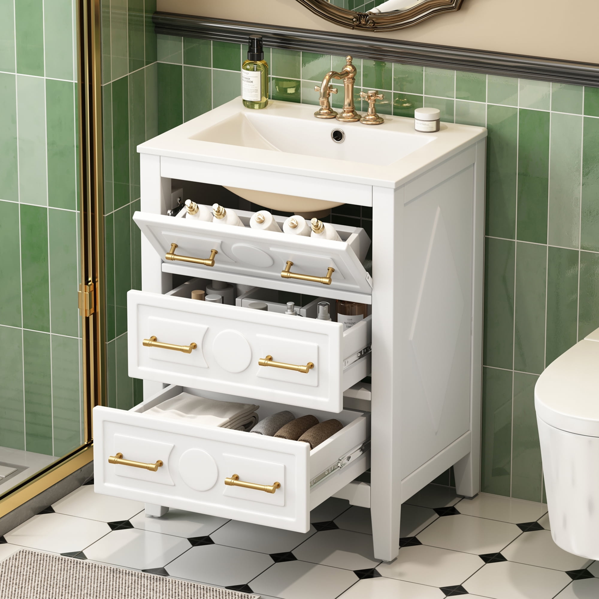 Euroco 24'' Bathroom Vanity with Ceramic Sink Combo, Free Standing Single Vanity Set with 3 Drawers, Solid Wood Frame Bathroom Storage Cabinet, White