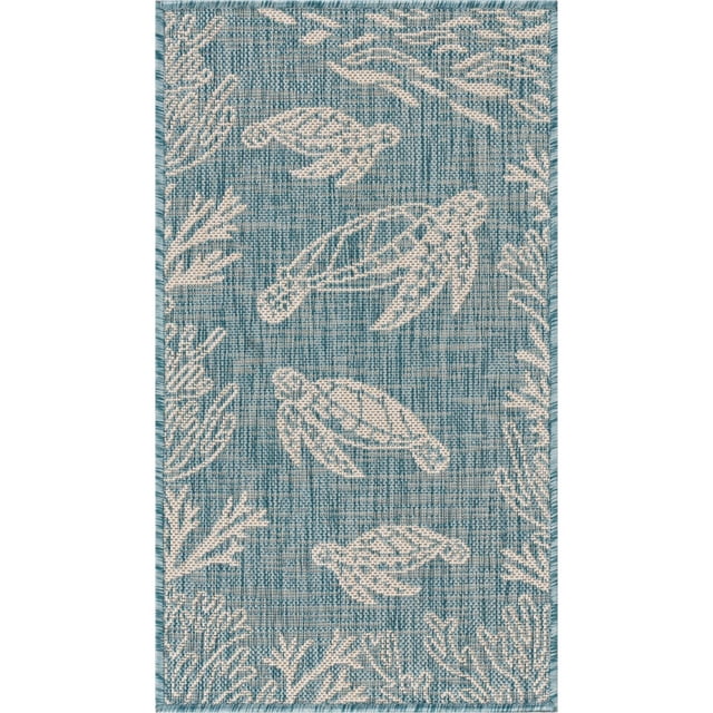 homeroots home decor 396149 2’ x 3’ Teal Turtle Indoor Outdoor Scatter Rug
