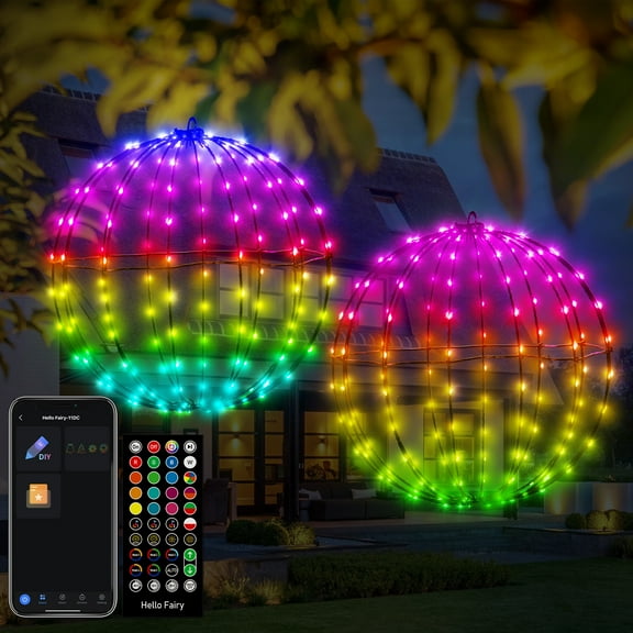 12" 3D Ball Christmas Hanging Lights with Smart RGB Fairy Lights App-Controlled  2-Pack