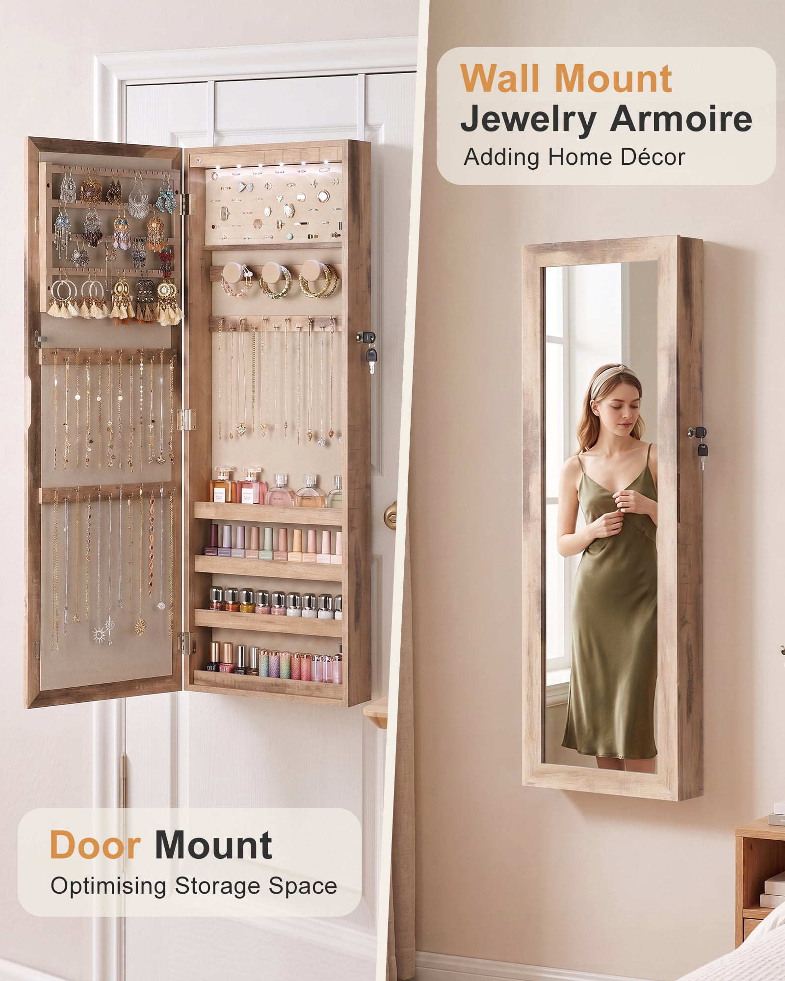 Skyhill Mirror Jewelry Cabinet,40in Jewelry Armoire Organizer,Door or Wall Mounted,6 LED Lights（Oak）