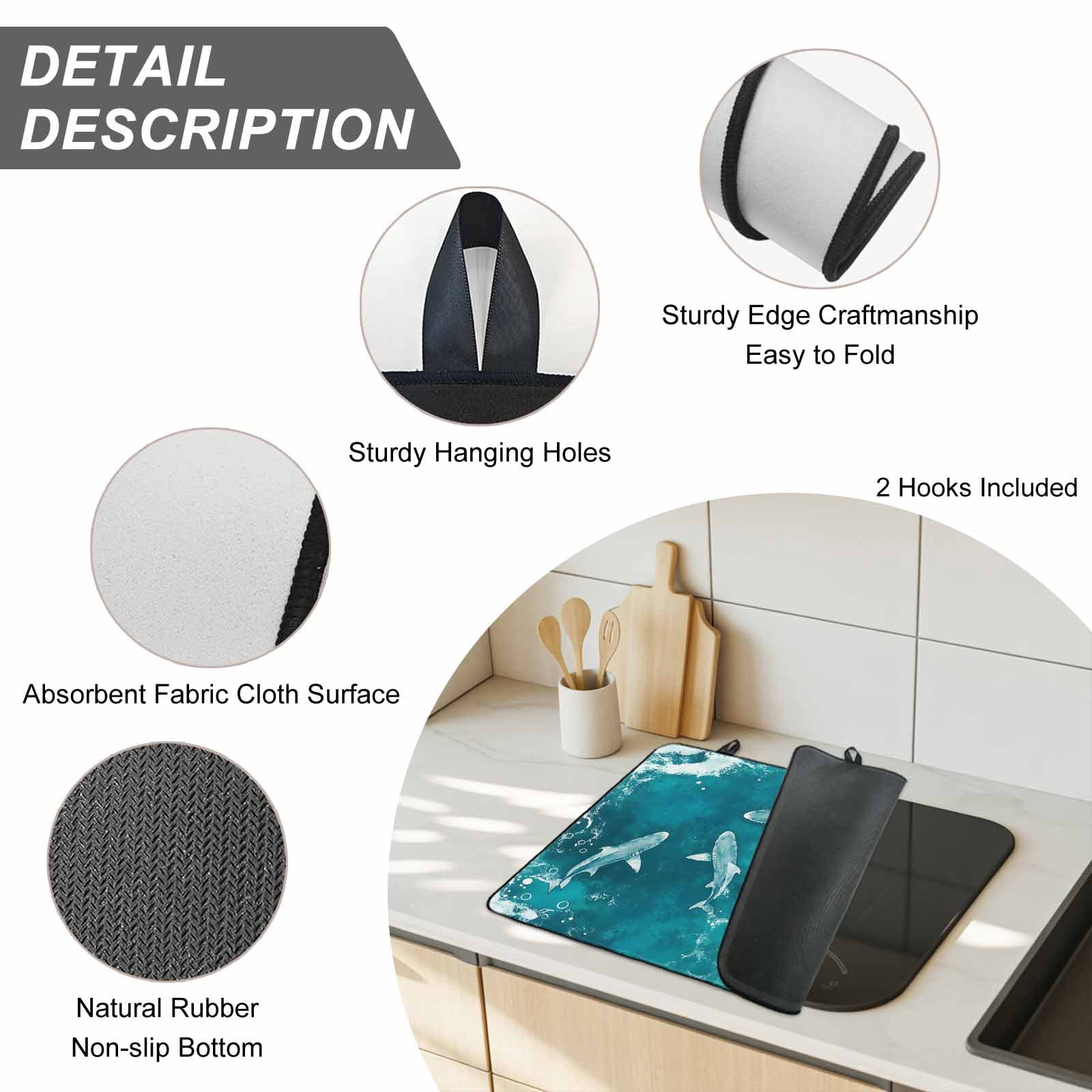 Teal Green Ocean Shark Stove Top Cover for Electric Stove, Heat-proof & Non Slip Glass Top Stove Cover Protector, Coastal Wave Summer Beach Kitchen Flat Cooktop Rubber Mat 24x21 Inches