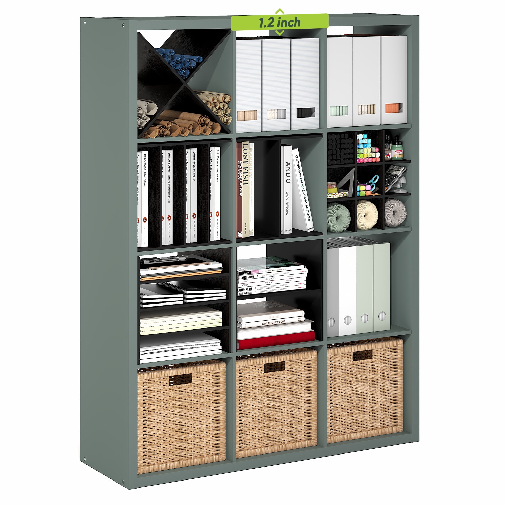 Furinno CUBICLE Book Shelf, 12-Cube Thick Frame Bookshelf, Reversible Bookcase with Open Back, 14.6 x 43.8 x 58, for Living Room, Bedroom, Home Office, Sage Green