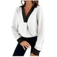 thumbnail image 2 of Women's Tunic V Neck Color Block Puff Long Sleeve Shirts Dressy Casual Business Tops Relaxed Fit Trendy Blouses White XXL, 2 of 8