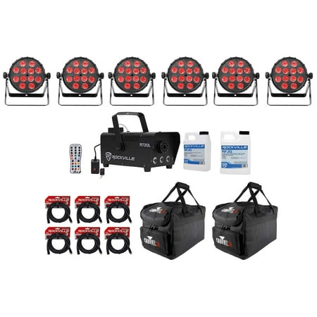 (6) Chauvet SlimPAR Q12 BT Bluetooth RGBA Par Lights+Bags+Remote+Fogger+Fluid