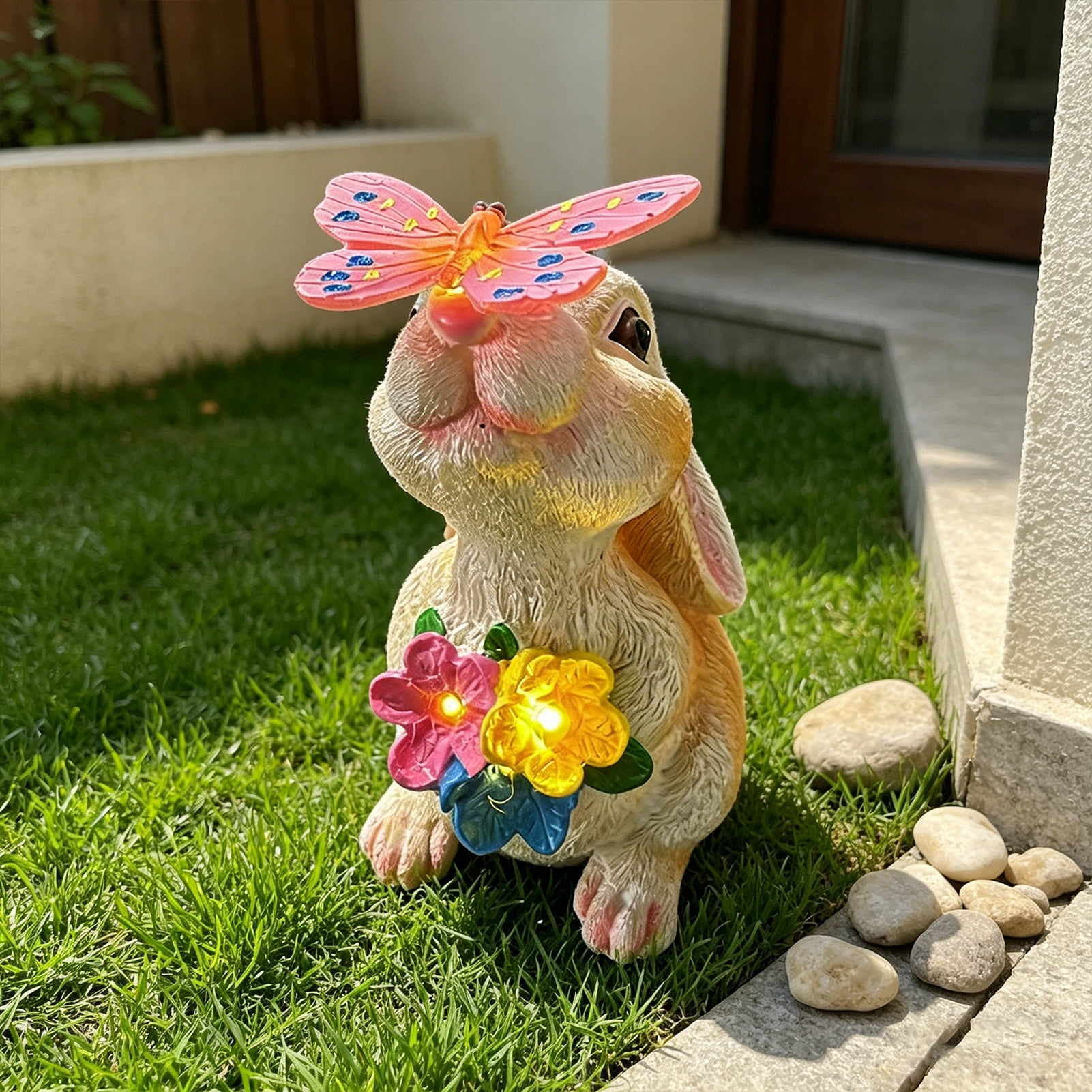 wutoase Bunny Garden Statue, Resin Rabbit Figurine with Butterfly, Waterproof Yard Art for Patio Balcony Lawn House
