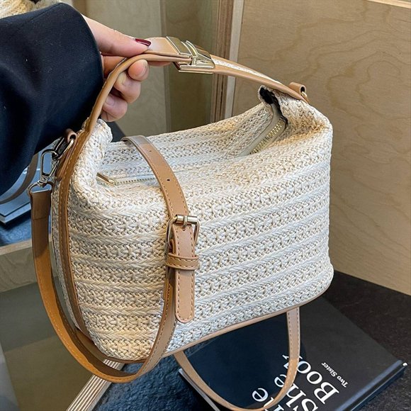 Bolso Cruzado de Paja de Moda y Bolso de Hombro Versátil Caqui Patchwork Caqui