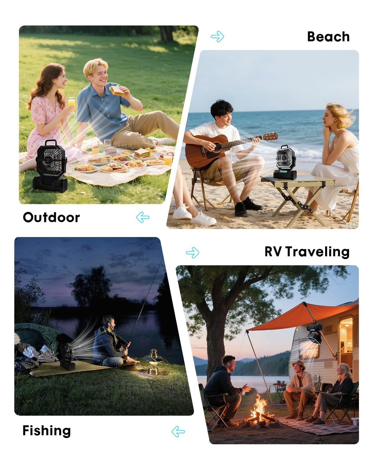 Camping Fan with Bluetooth Speaker, 20000mAh Rechargeable Battery Powered Fan with LED Light, Remote Control, Timer, Power Bank, 360° Hook, Tent Fan for Camping, Outdoor, Emergency Use, Black