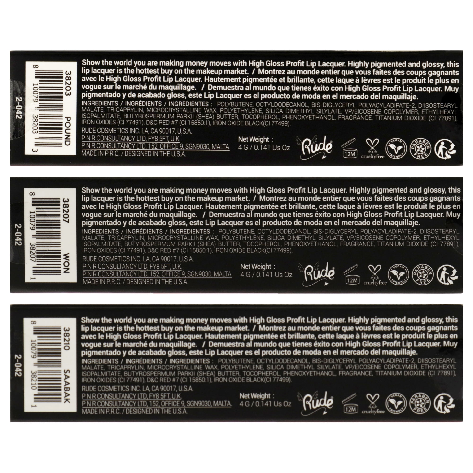 Rude Cosmetics High Gloss Profit Lip Lacquer Kit , 3 Pc Kit 3 X 0.141oz Lip Gloss - Pound, Saabak, Won- Pack of 3