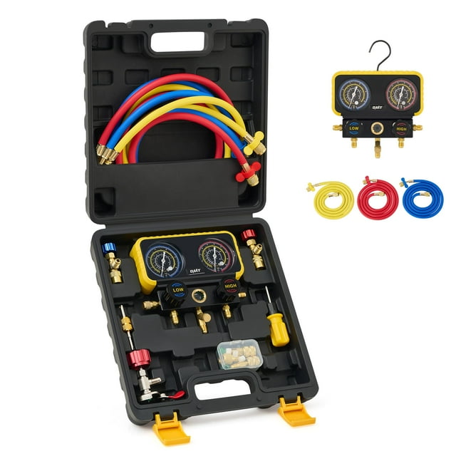 Orion Motor Tech Jauges R410a, Ensemble de Jauge de Collecteur de Climatiseur pour Réfrigérant R22 R32 410A 134A, Jauges de Climatiseur 3 Voies Ensemble de Collecteur R410a avec Valves de Sécurité R410a R22, 3 Tuyaux, R41